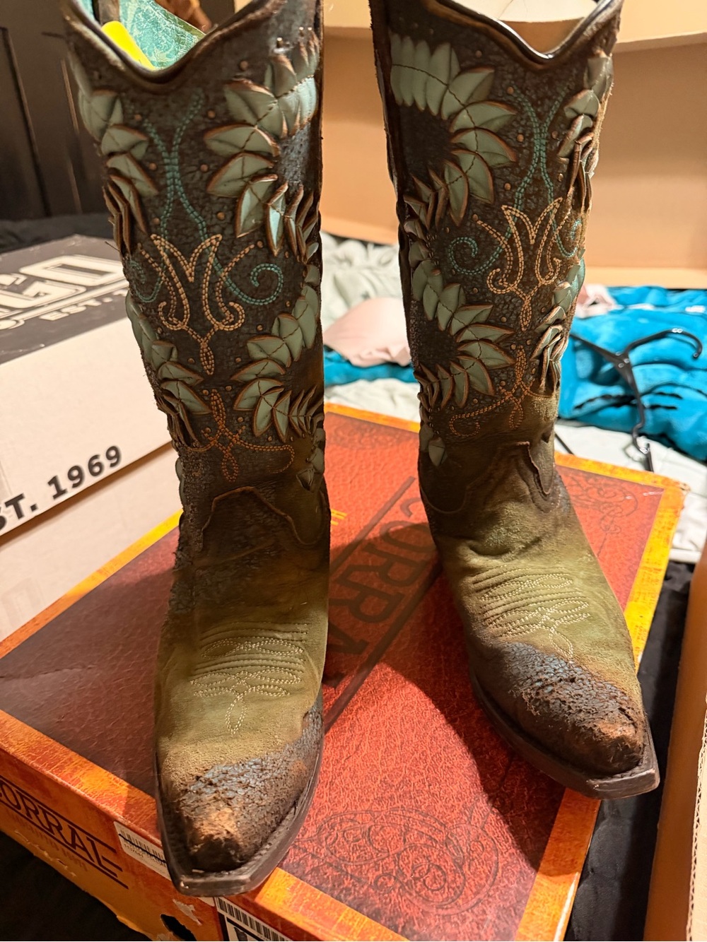 Corral Olive and Teal Embroidered Lace-Up Western Boots